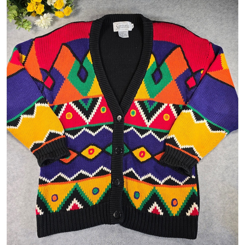 Santoria 90s Colorful Knit Cardigan Sweater Womens SM Art Oversize Abstract Vtg